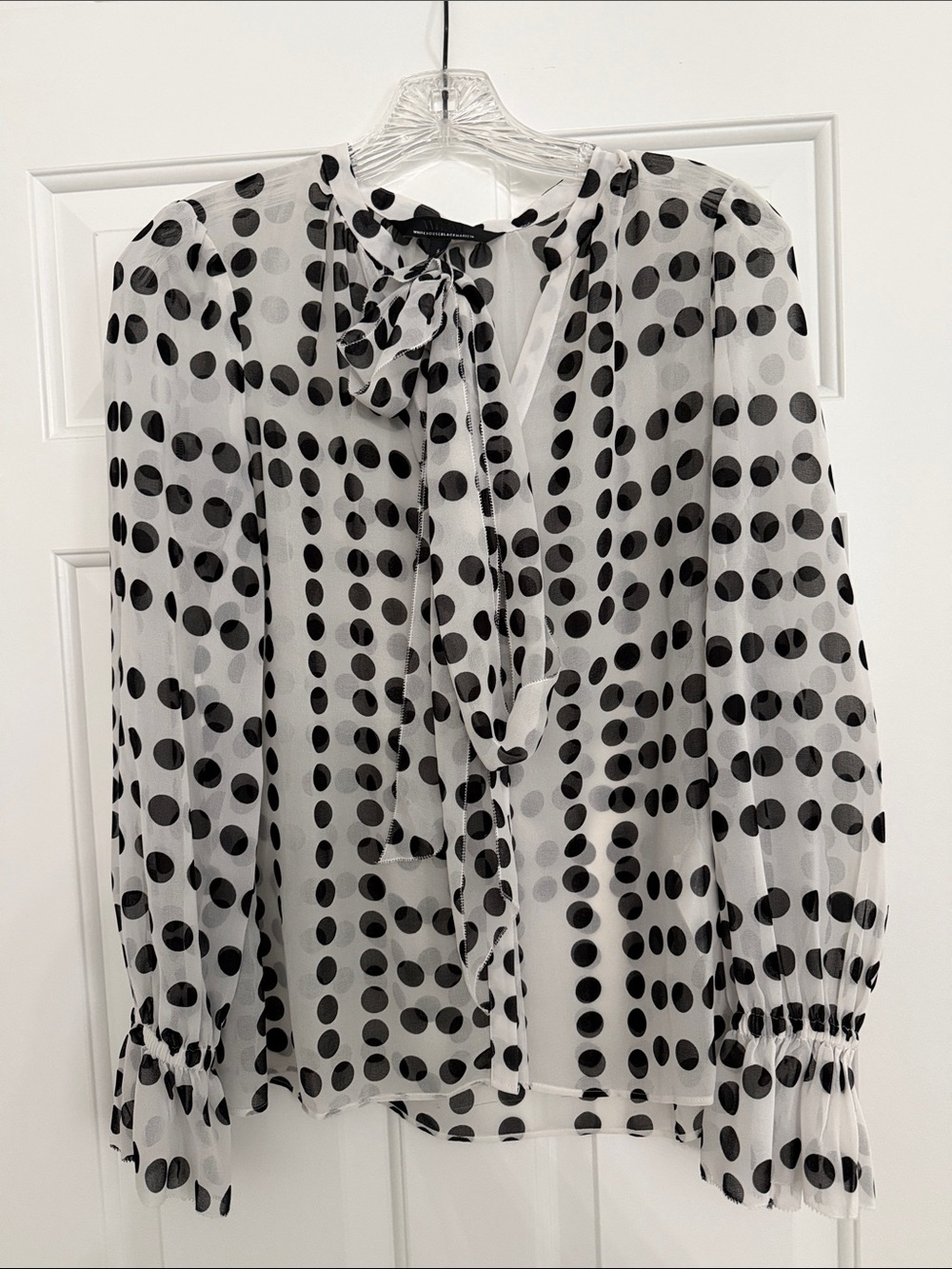 WHBM Sheer Black & White Polka Dot Tie-Neck Blouse - size S